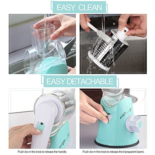 Cambom Rotary Cheese Grater Hand Crank Cheese Shredder for Fresh Cheese, Vegetable, Nuts,Non-slip Suction Base, Free Cleaning Brush Three Blades, Blue 6