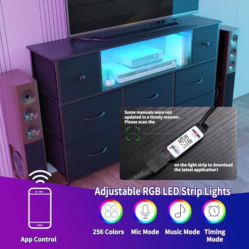 Fixwal Dresser for Bedroom TV Stand for 55 Inch TV with Charging Station and LED Light, Fabric Chest of Drawers, 8 Drawer Kids Dressers for Boys Bedroom, Living Room, Closet (Black) 5