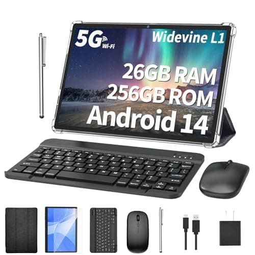 Android Tablet with Keyboard, 26GB RAM, 256GB ROM(1TB Expand), 10.1 inch Android 14 Tablet, 8000mAh Battery, BT 5.0, GMS Certified, 2.4G&5G WiFi, 2 in 1 Tablets with Mouse, Case, Stylus(Gray Case)
