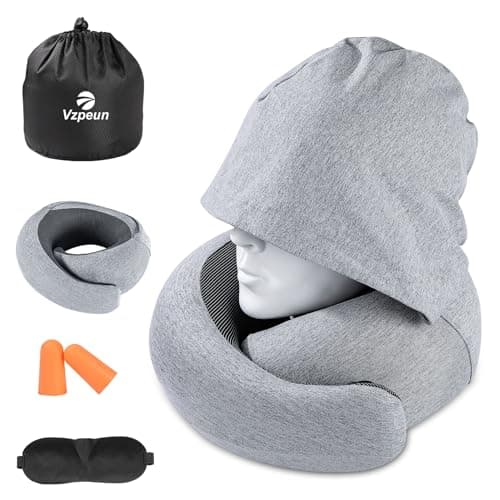 Vzpeun Travel Pillow - Hooded Neck Pillow Airplane Memory Foam Filling for Plane, Cars Sleeping, Road Trip, Long Flights, Portable Plane Accessories, Includes Eye Mask & Earplugs (Light Gray)