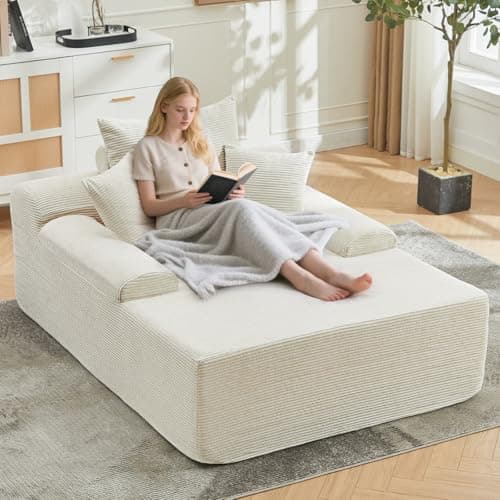 Chaise Lounge Chair Indoor, Corduroy Upholstered Boneless Sofa Bed Couch with Armrests and 3 Pillows, Cloud Sleeper Sofa Chair Couches for Living Room Bedroom, No Assembly Required (Beige-68“)