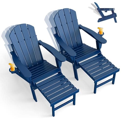 GREENVINES Adjustable Adirondack Chair with Retractable Ottoman Set of 2 | Folding | HDPE Plastic | Fire Pit Chairs w/Foot Rest | 2 Cup Holders | Blue | for Outdoor Patio Poolside Deck