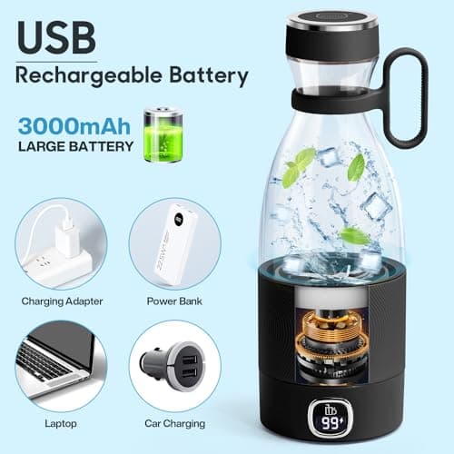 MIAOKE Portable Blender, 6 Blades Juicer Cup for Juice Shakes and Smoothies 350ml Mini Blender with Led Display Usb Rechargeable,3000Mah Rechargeable Battery, for Home Sports Outdoors Travel-Black 6