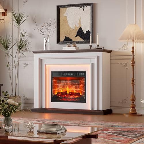 44 Inches LED Lights Electric Fireplace with Mantel, Tall Fireplace Heater Freestanding, Delicate Three-Dimensional molding with Remote Control Timer LED Flame for Living Room, Bedroom, White&Brown 5
