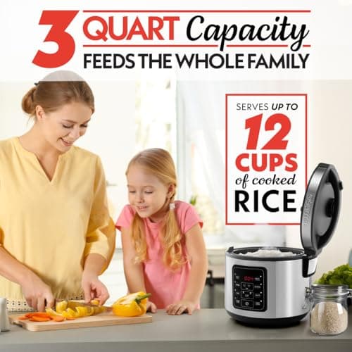 Gourmia Rice Cooker – 3 Qt Capacity, 12 Cup Cooked, 6 Cup Uncooked, Digital Controls, Grain Cooker & Steamer, Built-In Steamer Basket, Nonstick Ceramic Pot, Delay Timer, Keep Warm, Stainless Steel 5