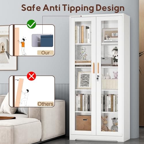 UNICOLY Lockable Display Cabinet with Glass Doors, Curio Cabinets with 4 Adjustable Shelves, Liquor Bookcase Bookshelf with Doors, Metal Storage Cabinet for Living Room Pantry, White 6