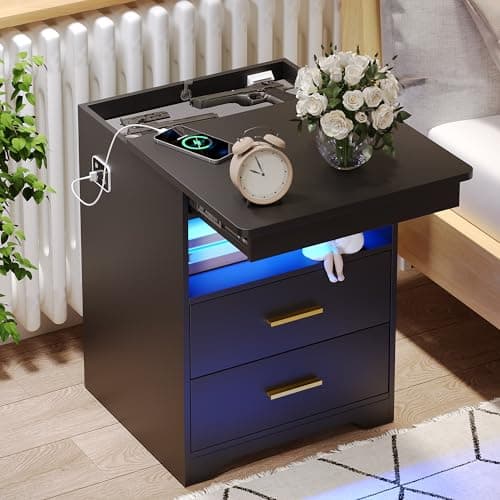 Night Stand with Gun Drawer, Charging Bedside Table with USB & Type-C Port, LED Nightstand with Human Sensor Light, Modern End Table with Drawers for Bedroom Office, Black