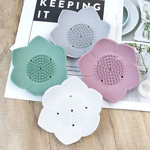 AUEAR, 4 Pack Lotus Flowers Soap Dish with Drain Silicone Holder Non-Slip Flexible Tray for Bathroom Shower 5