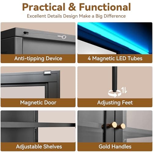 Polup Glass Display Cabinet with 8-Color LED Lights, Black Curio Cabinet with Glass Doors, 66 Inch Tall Display Case for Collectibles, Metal Storage Cabinet for Living Room, Assembly Required 6