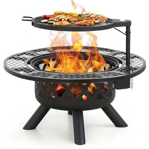 BALI OUTDOORS Fire Pit with Poker, 32 inch Outdoor Fire Pit Patio, Wood Burning Firepits for Outside with Grill