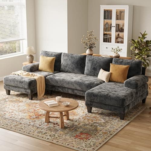 TROMIRY U-Shaped Sectional Couches for Living Room | Chenille Sofa with Double Chaise | 112 Inch Dark Grey Sectionals Couch for Apartment