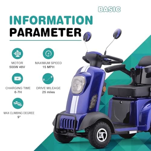 Heavy Duty 4-Wheels Mobility Scooter, 400 lb Capacity Large Wheelchair Device for Seniors & Adults, Speed Adjust, Storage Trunk, Ship Fully Assembled in US (Blue) 5