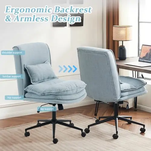 VINGLI Cloud Criss Cross Legged Chair,18" High Back Armless Home Office Desk Chair with Wheels,Wide Adjustable Comfy Padded Seat Task Computer Chair,Modern Swivel Makeup Vanity Chair,Fabric,Blue 7