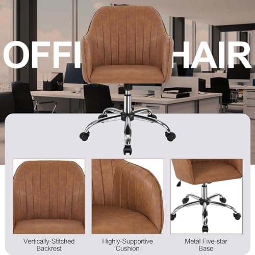Yaheetech Modern Faux Leather Desk Chair Makeup Chair Height Adjustable Swivel Office Task Computer Armchair for Living Room Retro Brown 8