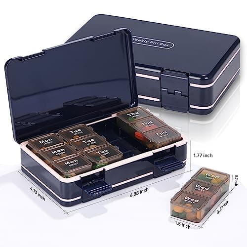 Rinten Pill Organizer 3 Times a Day, Weekly Pill Box Medicine Organizer Box, Travel Double Side 7 Day Pill Case with Backup One Day Hold, for Fish Oils, Vitamin Holder Supplement 6