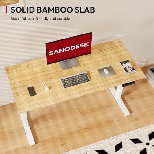 Standing Desk with Dual Motor, 3-Stage Lifting Column, Handset with 3 Preset and Sit-Stand Reminder - 60 inch Whole Piece Real Bamboo Desk/White Frame, Height Adjustable Desk for Home and Office 5