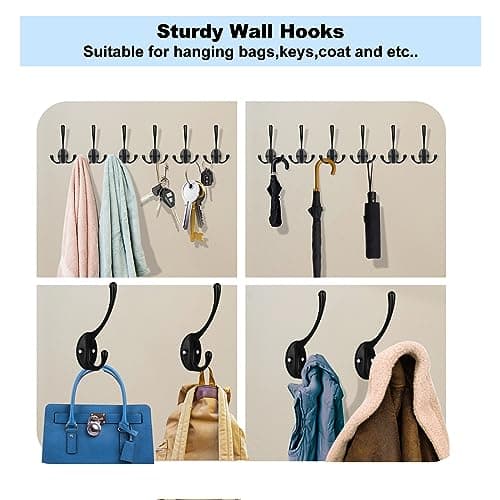 Kruodop 4Pcs Coat Hooks Wall Hooks for Hanging Heavy Duty, Wall Mounted Black Towel Hooks, Metal Single Coat Hanger with Screws Cup Retro for Coats, Handbags, Towels 6