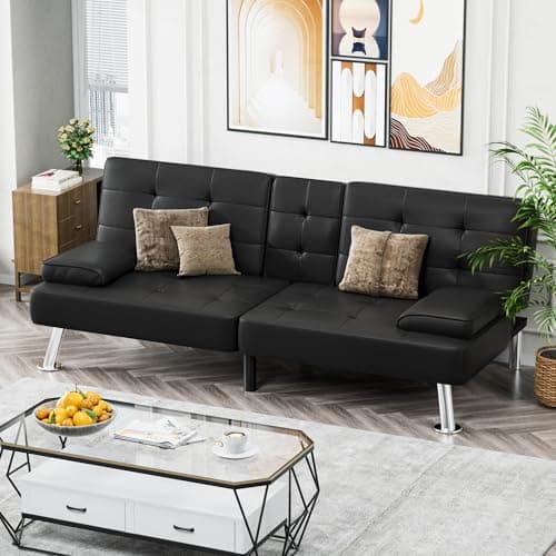 Homall Futon Sofa Bed, Leather Futon Couch with Removable Armrests, Adjustable Recliner Sleeper Sofa Bed with Dual Cup Holders for Living Room, Apartment, Office (Black) 7