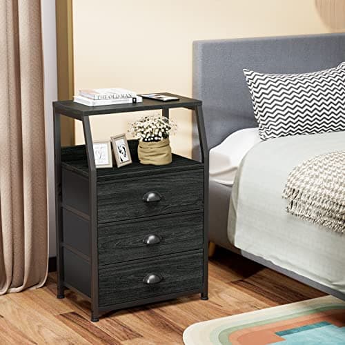 Furnulem Black Night Stand, Small Dresser for Bedroom, Nightstand with 3 Fabric Storage Drawers and 2-Tier Shelf, End Table Side Furniture for Closet, Hallway, Nursery, Sturdy Steel Frame, Wood Top 8