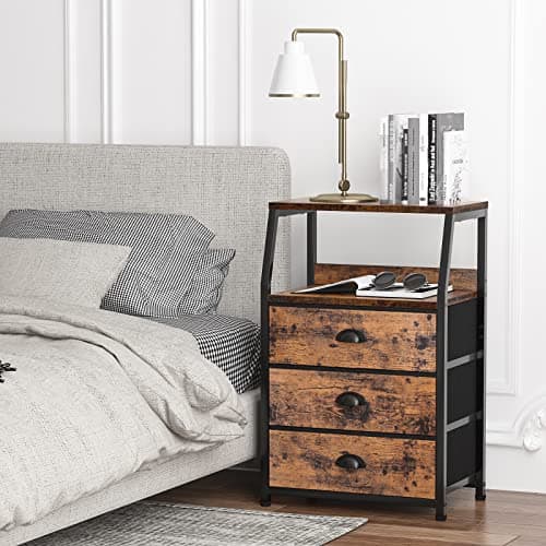 Furnulem Nightstand with 3 Drawers and 2-Tier Shelf, Fabric Small Dresser Organizer Vertical Storage Tower for Bedroom, Closet, Hallway, Nursery, End Table Side Furniture, Sturdy Steel Frame, Wood Top 2