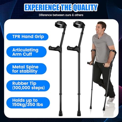 Geiserailie 2 Pcs Forearm Crutches for Adults Adjustable Elbow Crutches with Metal Spine Articulating Arm Cuff TPR Hand Grip and Wider Rubber Tip Lightweight Support Arm Crutches for Leg Injury 6