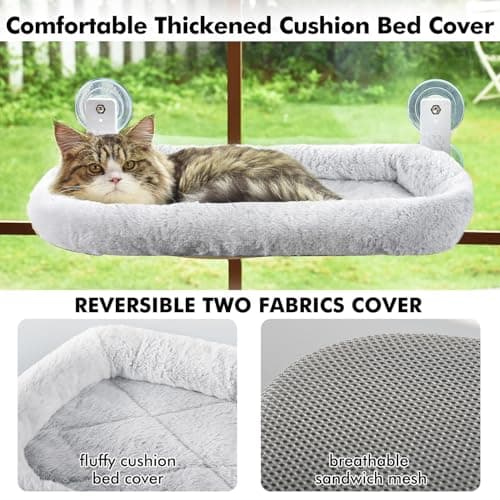 AMOSIJOY Cordless Cat Window Perch, Cat Hammock for Wall with 4 Strong Suction Cups, Solid Metal Frame and Two Replaceable Covers, Foldable Cat Beds for Indoor Cats (Large-Cushion Bed-Gray) 5
