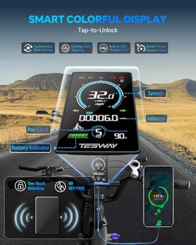 TESWAY 52V 3600W Dual Motor Ebike 200Miles Longest Range Electric Bike for Adults, 20" Fat Tire Full Suspension E Bike 2 Seaters for Off-Road (Single Motor, Black) 7