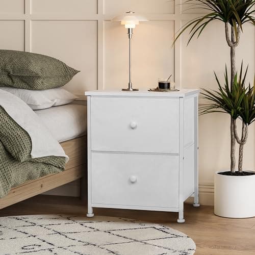 LOFTEY White Nightstand | Bedside Table with Drawers | Small Nightstand for Kids with Fabric Drawers | Bed Stand with Storage for Bedroom | 16.5"(L) x 11.8"(W) x 20.5"(H)