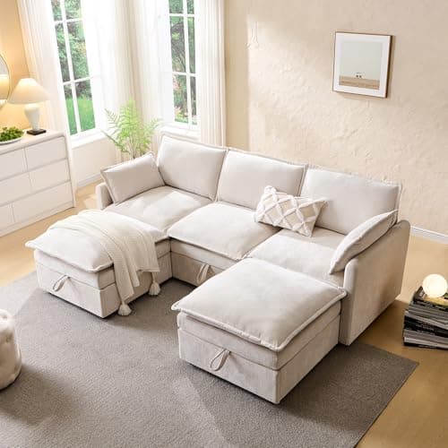 85.83" Sectional Couches for Living Room, Cloud Couch Sectional with Large Storage Ottoman, U-Shape Modular Sectional Sofa with 5 Seater Chenille Sofa and Pillow for Apartment, Bedroom, Beige 3