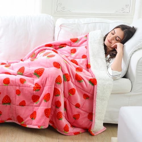 Aemicion Weighted Blanket Queen Size 20 Lbs 60x80 Inches,Ultra Soft Comfortable Fluffy Sherpa Weighted Blankets for Adults,Cute Pink Strawberry Heavy Blanket as Gift for Women,Machine Washable 6