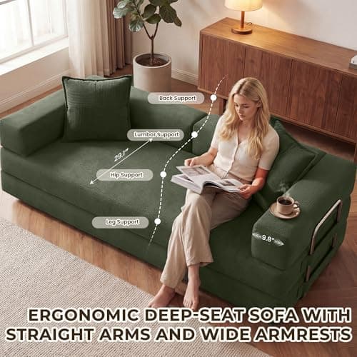GRUSIGN 78 Inch Convertible Sofa Bed, 5-in-1 Futon Sofa Bed Pull Out Couch, Boneless Couch Bed for Living Room, Corduroy Boneless Couches for Bedroom, Apartment, No Assembly Sleeper Sofa Bed, Green 6