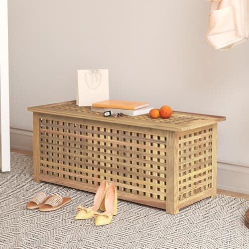 Gashell Bench with Storage, Acacia Laundry Hamper with Seat, Storage Benches with Seating for Entryway, Living Room, Bedroom, Bathroom (15.7x38.6x17.7in) 6