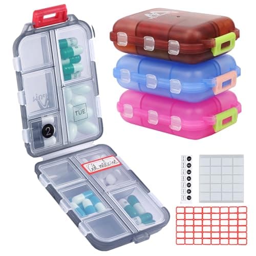 4PS Travel Pill Organizer with 164 Slice Labels，10 Compartments Travel Pill Box Portable Folding Small Pill Case Daily Pill Container Used for Carry Storage Medicine Organizer By M MUchengbao