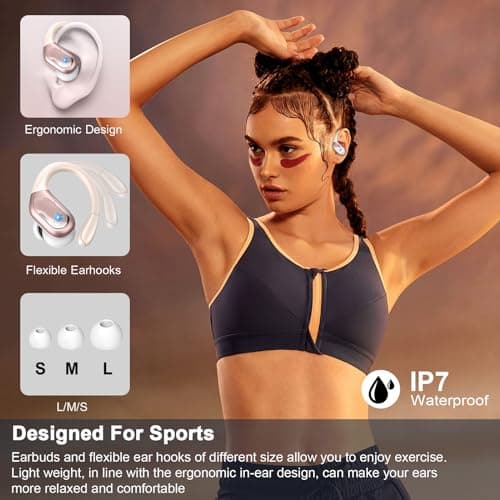Wireless Earbud, 75H Bluetooth 5.4 Headphones Sport IP7 Waterproof, Running Wireless Earphones with ENC Noise Canceling Mic, 3D Bass Over Ear bud with Earhooks for Android, iOS, Workout, Gym, Rosegold 6