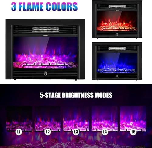 COSTWAY Electric Fireplace Inserts 28.5-inch Wide, 750W/1500W Wall Recessed and Freestanding Fireplace with 3 Flame Colors, 5 Brightness Settings, 8H Timer, Remote Control, Heater for Indoor Use 6