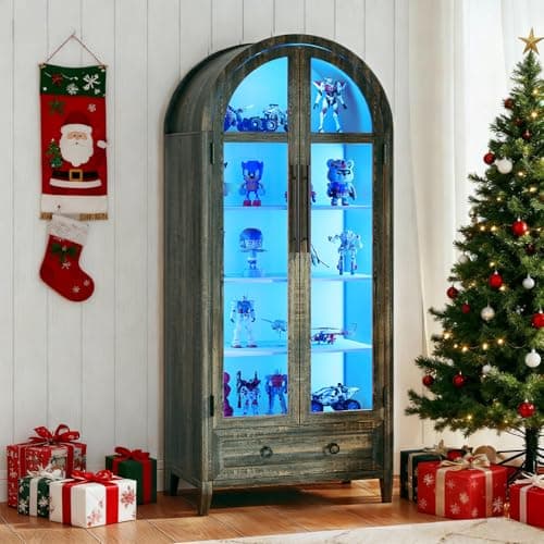 Lvifur 73" Tall Arched Display Cabinet with Glass Doors,4-Tier Storage Cabinet with Human Body Sensor,LED Curio Cabinets with 3 Color Lights for Collectibles,Ajustable Shelf for Toys, Books,Brown