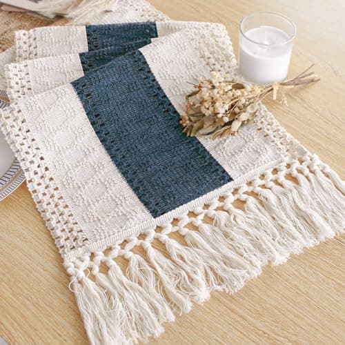 FEXIA Boho Blue Table Runner 72 Inches Long with Tassels Macrame Farmhouse Style Party Rustic Wedding Baby Bridal Shower Dining Decor (12x72 Inches)
