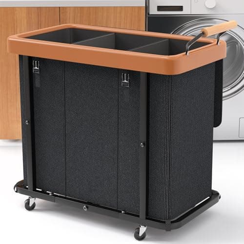 230L (60 Gal) Extra Large Fashion Laundry Sorter 3 Section with Lid, Rolling Laundry Basket Hamper with Handle, Laundry Organizer Storage Cart with Sturdy Metal Frame for Laundry Room, Hotel, Black