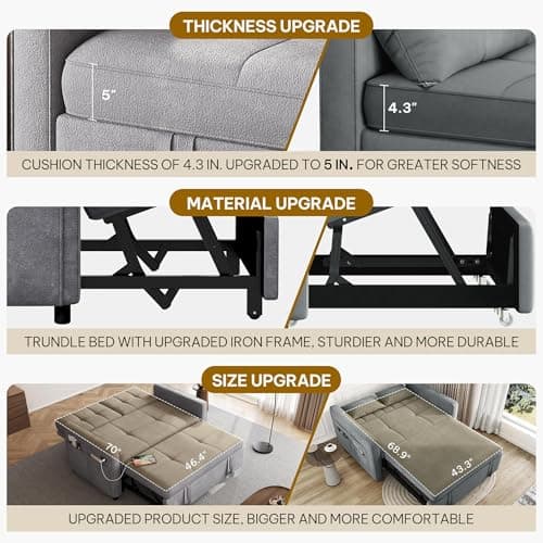 DWVO 55" Convertible Sofa Bed, 3-in-1 Sleeper Sofa with Pull-Out Couch, Velvet Futon Couch with Adjustable Backrest and USB, Modern Loveseat for Living Room Apartment, Light Grey 5