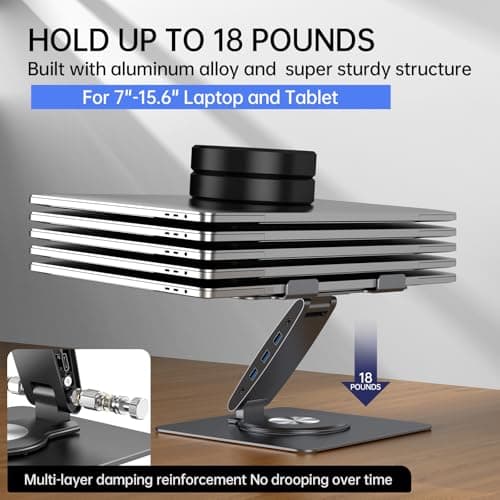 Laptop Docking Station Stand, for MacBook Pro/Air/Dell/HP/Surface, HC 360°Swivel Notebook Stand with USB Hub Adjustable Laptop Riser for Desk, 3xUSB-A 3.0 USB-C 3.0 Laptop Holder 6