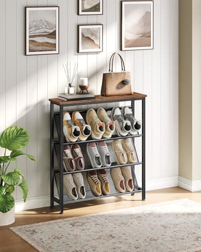 CHOEZON Shoe Rack, 4-Tier Slanted Shoe Storage Shelf, Narrow Shoe Rack for Entryway, Shoe Organizer with Adjustable Feet, Slim Shoe Shelf with Wooden Top and Metal Frame Rustic Brown and Black TXJ75BF 6