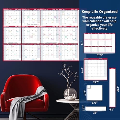 Large Dry Erase Calendar for Wall – Yearly Wall Calendar Dry Erase, 58" x 37", 12-Month Undated Blank Calendar Planner, Reusable Laminated Wall Calendar, 15 Round Stickers, Perfect for Home, Office and School - Blue With Red 7
