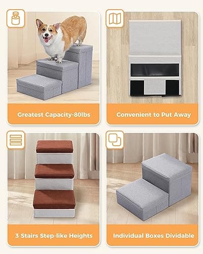 PETEPELA Dog Steps for High Bed, Dog Stairs for Small Dog 3 Steps, Foldable Pet Stairs with Storage for Large Dogs Hold up to 50 LBS, Light Grey (AM11-3-AMT0229GY) 6