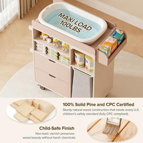 MFXLGO 100% Solid Wood Baby Changing Table Dresser with Drawers, Nursery Diaper Changing Station with Changing Pad & Built-In Trash Bag Storage, Rolling Space-Saving Design for Newborn & Toddler, Pink 7