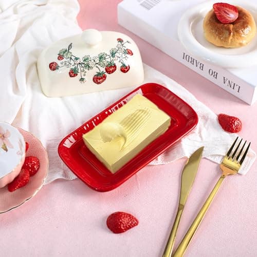 Bicuzat Ceramic Butter Dish with Lid Butter Keeper Butter Plate Tray for Kitchen Countertop Embossed Strawberry Pattern Butter Crock Keeper Saver 5