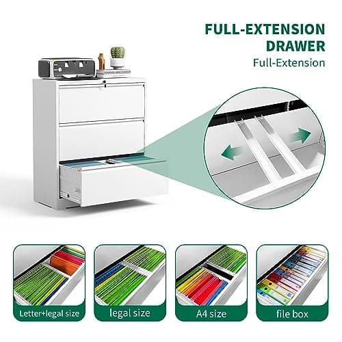 BIZOEIRON 3 Drawer Lateral File Cabinet for Home Office, Metal Filing Cabinet with Lock, Wide File Storage Drawers for Letter/Legal Size Hanging File Folders, Assembly Required, (White) 6