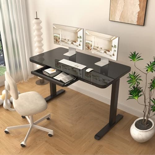AIMEZO Glass Top Electric Standing Desk with Drawers, Height Adjustable Sit Stand Desk, USB Ports & Storage - Quick Install, Memory Preset - Home Office Workstation