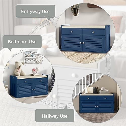 WARMHONIU Shoe Storage Bench with Cushion, Shoe Rack Bench with Doors, Adjustable Shelf, 2-Tier Shoe Cabinet Bench for Entryway, Bedroom, Hallway, Blue 7