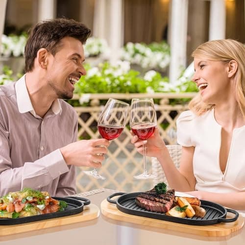 Yiyiring 2 Pcs Cast Iron Fajita Skillet Pan Set Sizzling Steak Plate with Wooden Base and Removable Handle Cast Iron Grill Frying Pan for Home Restaurant Kitchen Cooking (12 x 6.3 Inch) 6