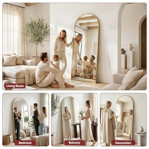 Antok Full Length Floor Mirror Arched Standing Mirror with Aluminum Frame - Freestanding Wall Mount Leaning Body Mirror for Bedroom Living Room Entryway, 58" L x 21" W, Gold 6